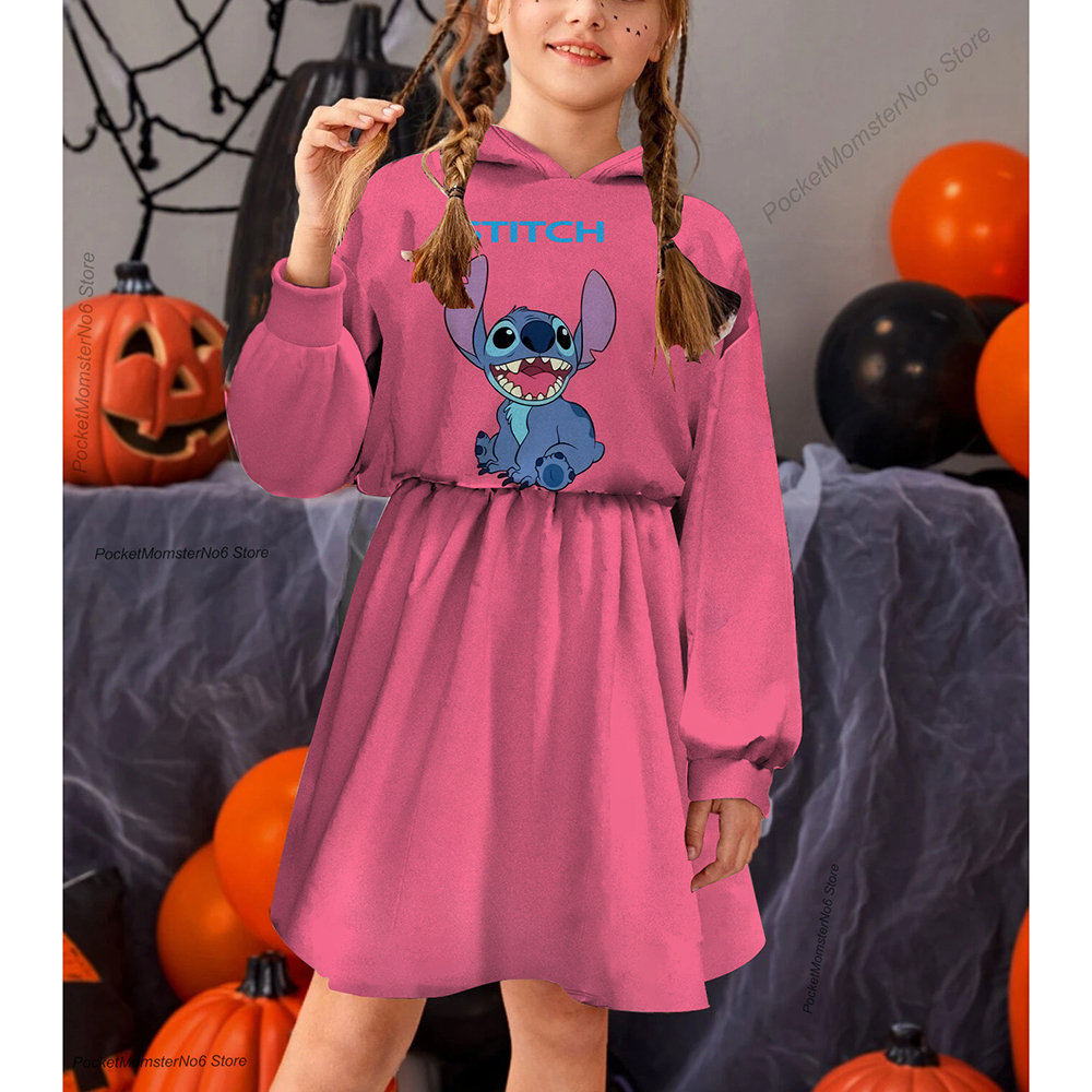 2022 New Disney Children’s Clothing Spring Autumn Casual Cartoon Cute Hoodie Skirt Print Stitch Cartoon Girls Princess Dress alx