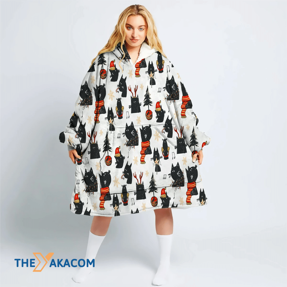 Christmas Time Cartoon Black Cats And Tree Hoodie Blanket