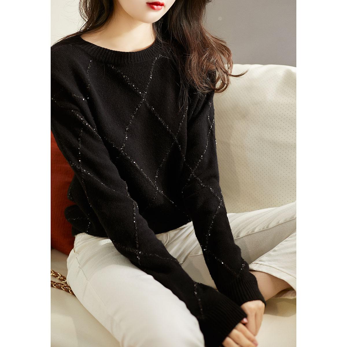 Bright Silk Black Plaid Knitting Top New Loose And Versatile Fashion Sweater For Women In Spring 2021 alx