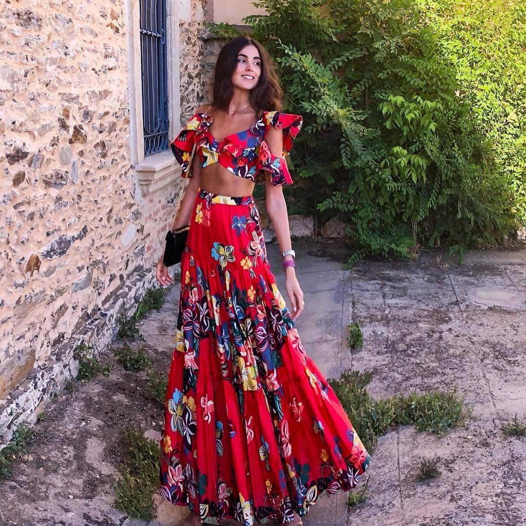 Summer 2 Piece Sets Women Floral Skirts Suits Sexy Cropped Top +maxi Dress Long Pleated Skirts Bohemian Boho Clothing Woman Suit alx