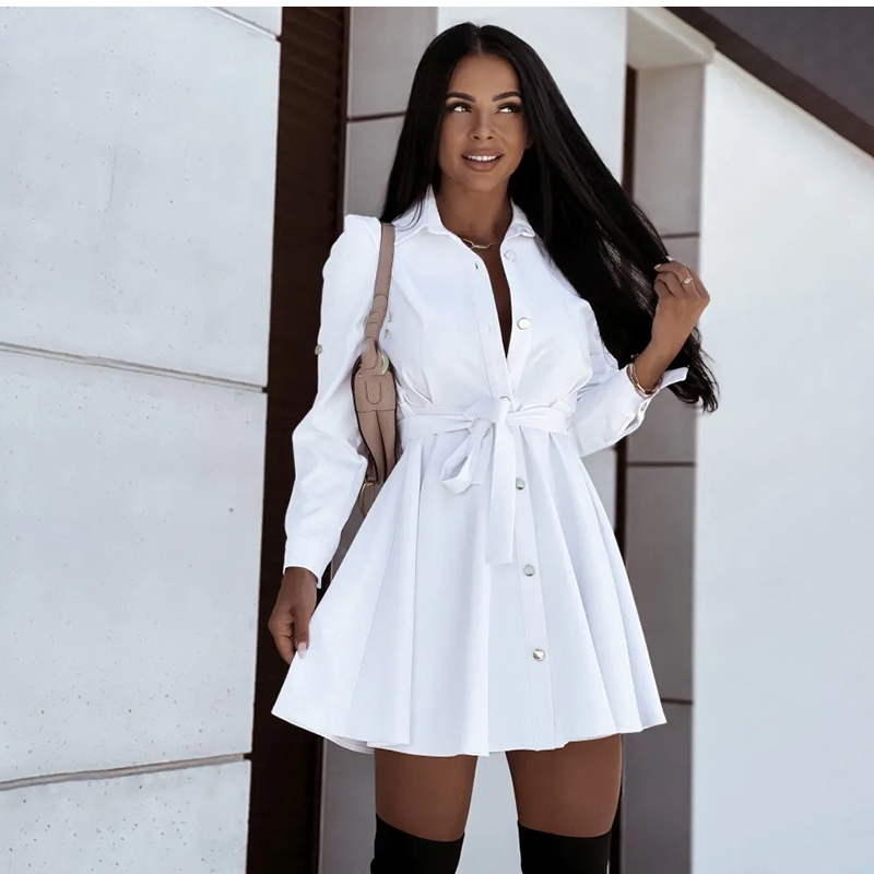 Autumn Winter Women Shirt Dress Fashion Causal Turn-down Collar Long Sleeve Black White Lace Up Button Elegant Dresses For Femme alx