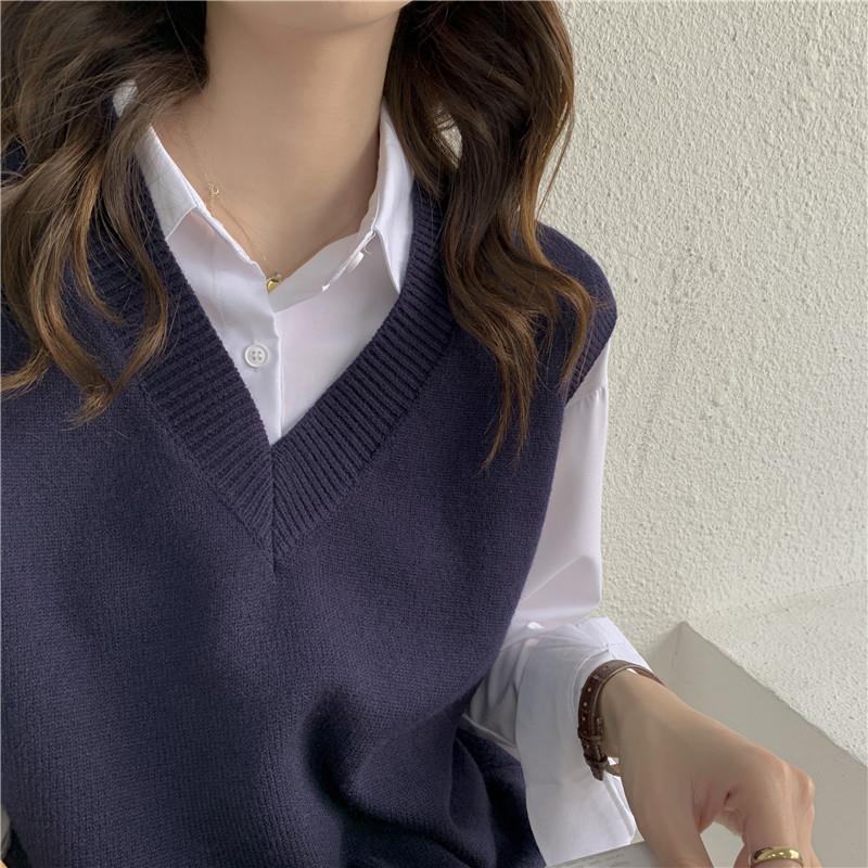 Autumn Women Sweater Vest 2021 Casual Loose Solid V-Neck Sleeveless Knitted Korean Oversized Female Pullover Waistcoat Tops alx