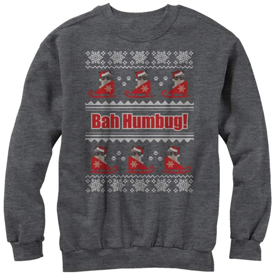 Grumpy Cat Men’s Ugly Christmas Bah Humbug  Sweatshirt Charcoal Heather