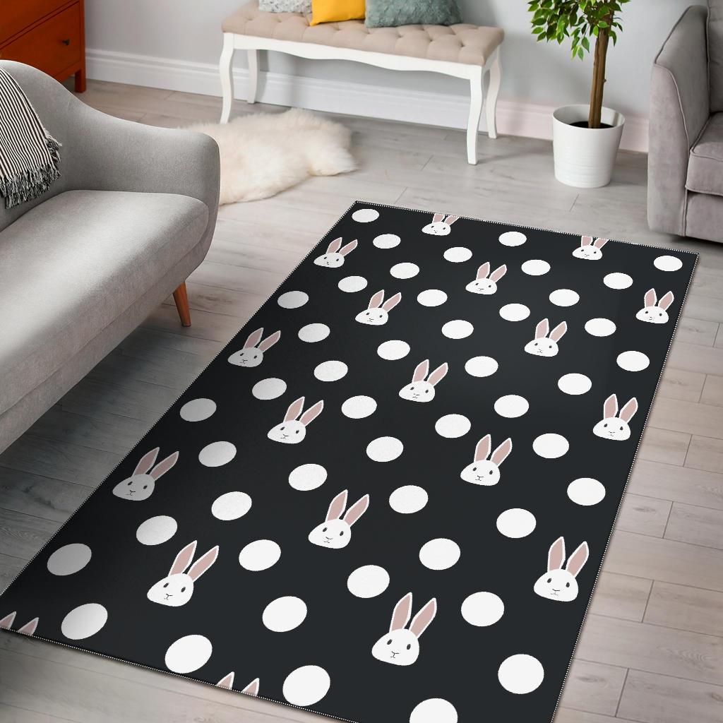 Cute White Rabbit Polka Dots Black Background Area Rug