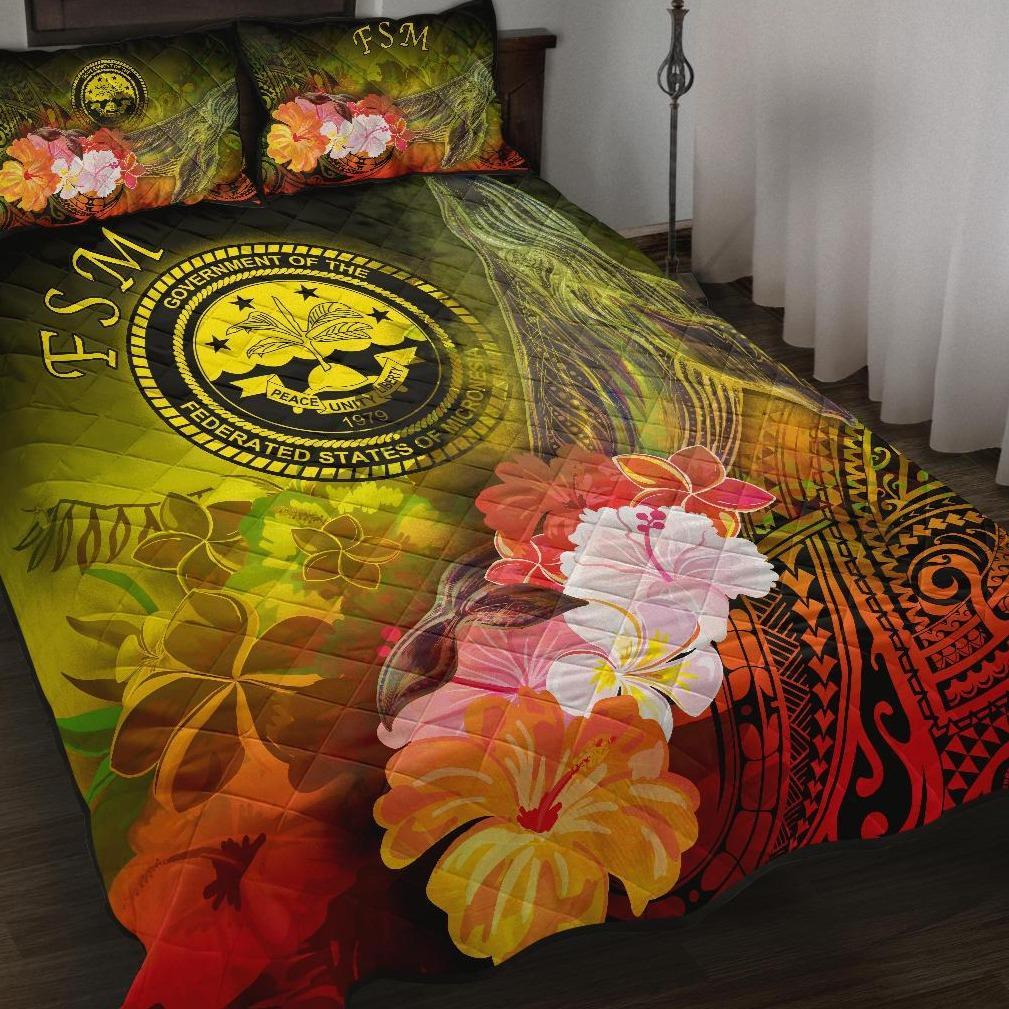 Federated States of Micronesia Quilt Bed Set – Humpback Whale with Tropical Flowers (Yellow)- BN18