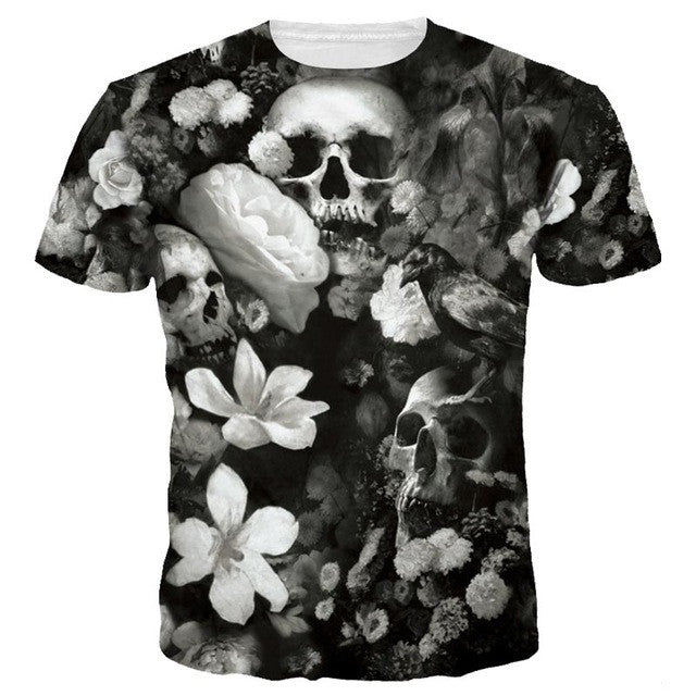 Unisex White Flowers Skull T-Shirt