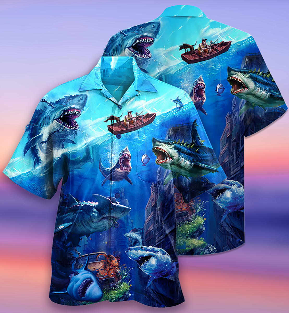 Shark Fishing Shark With Small Ship Blue Ocean Hawaiian Shirt