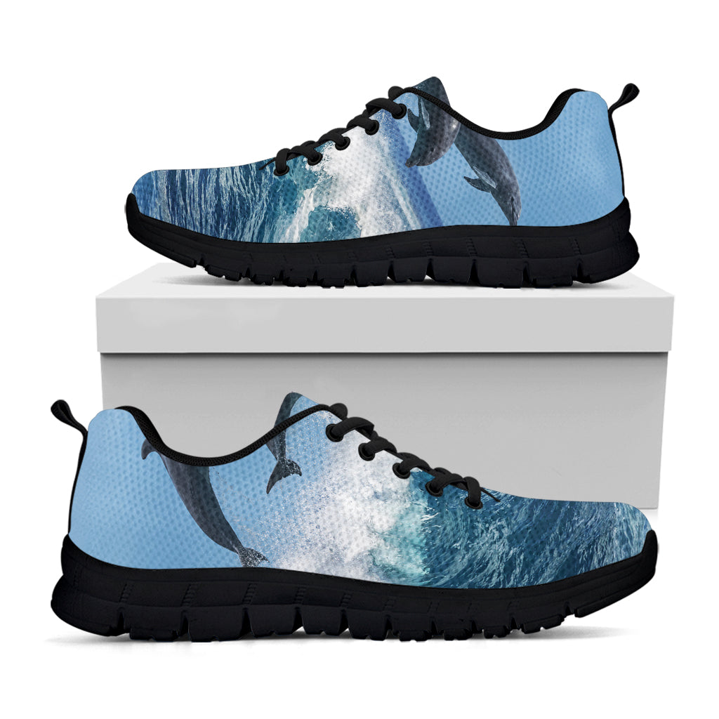 Dolphins Jumping Over Waves Print Black Sneakers