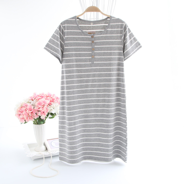 Women’s Knitted Cotton Nightgowns Summer Dress New Short Sleeve Sleepwear Simple Sweet Stripe Sleepshirts Home Clothes Dresses alx