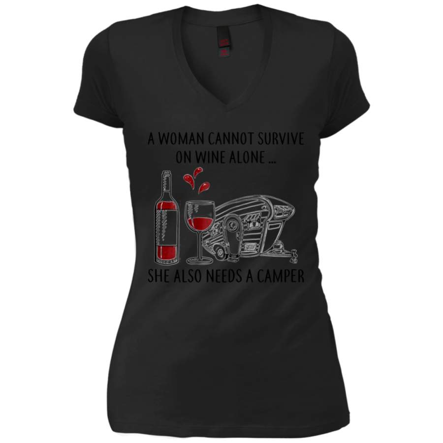 AGR A Woman Cannot Survive On Wine Alone She Also Needs A Camper Ladies V-Neck