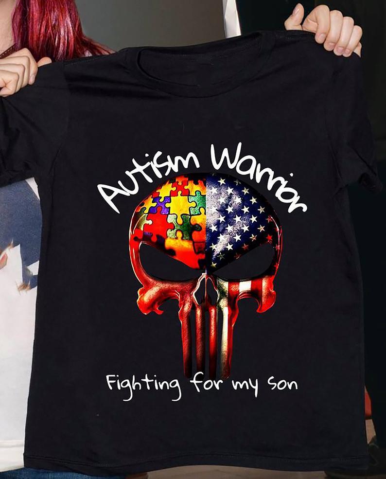 Autism Warrior Fighting For My Son Autism Puzzle Pieces American Flag Skull Standard/Premium T-Shirt Hoodie