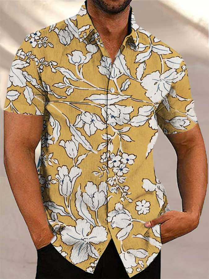 Mens Hawaii Shirt Yellow Floral Vintage Shirts Tops Ha35534