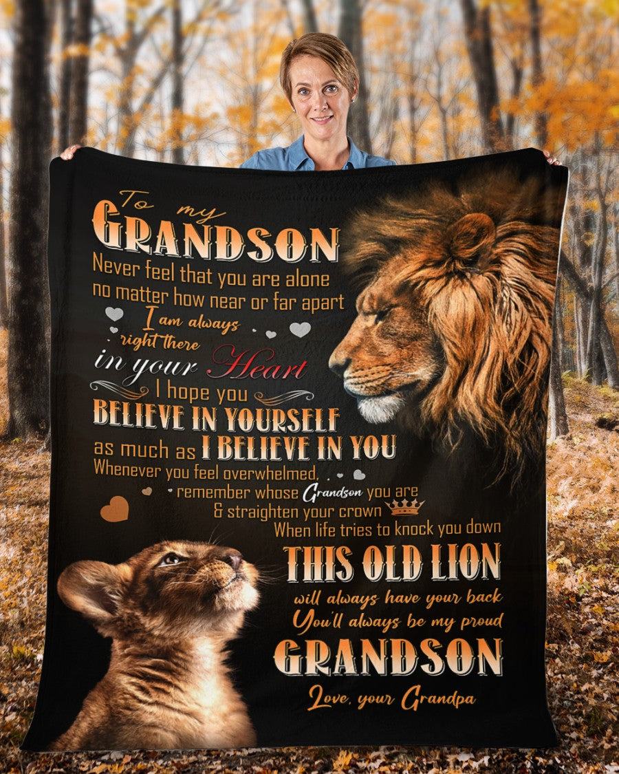 To My Grandson Believe In Yourself I Believe In You Lion Black Gift For Grandson From Grandma Fleece Sherpa Blanket