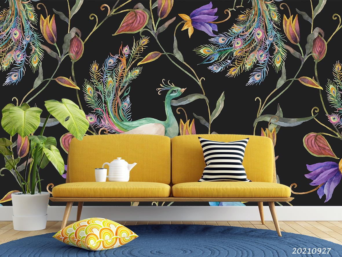 3D Hand Drawn Animal Peacock Floral Wall Mural Wallpaper Lqh 194