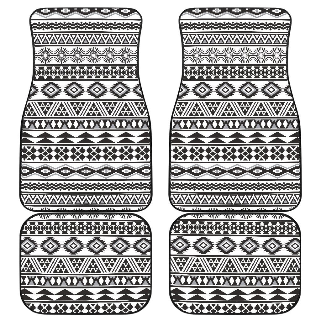 White And Grey Aztec Pattern Print Front And Back Car Floor Mats, Front Car Mat