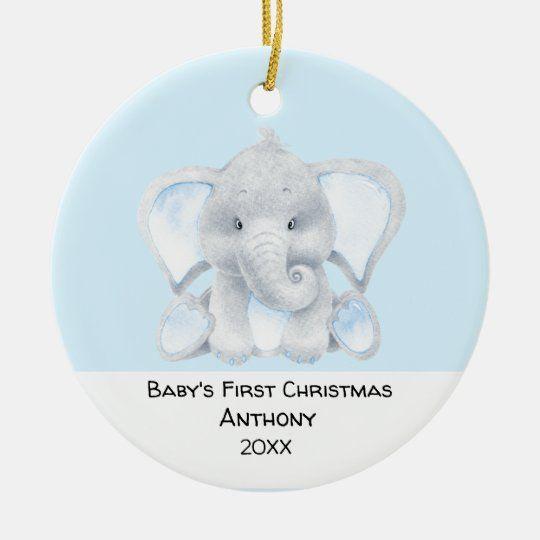 Personalized Ornament Personalized Blue Elephant Babys First Christmas Customized Ceramic Circle Ornament 1 – 2 Sided