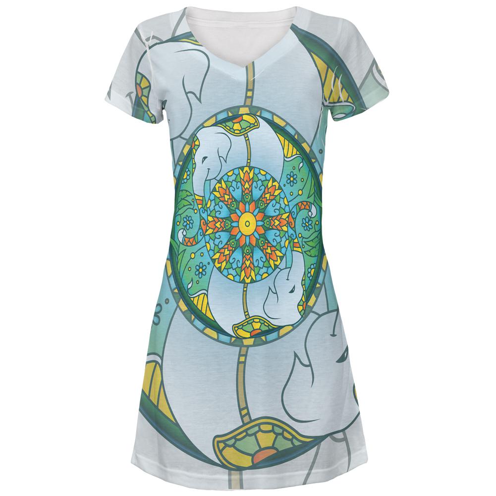 Mandala Trippy Stained Glass Elephant Juniors V-Neck Beach Cover-Up Dress