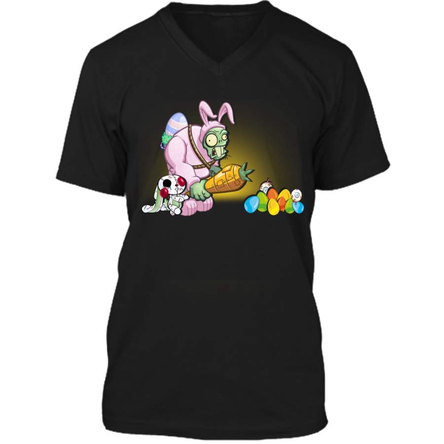 Bunny zombie with carrot hunt egg T-shirt – happy Easter eg Mens Printed V-Neck T