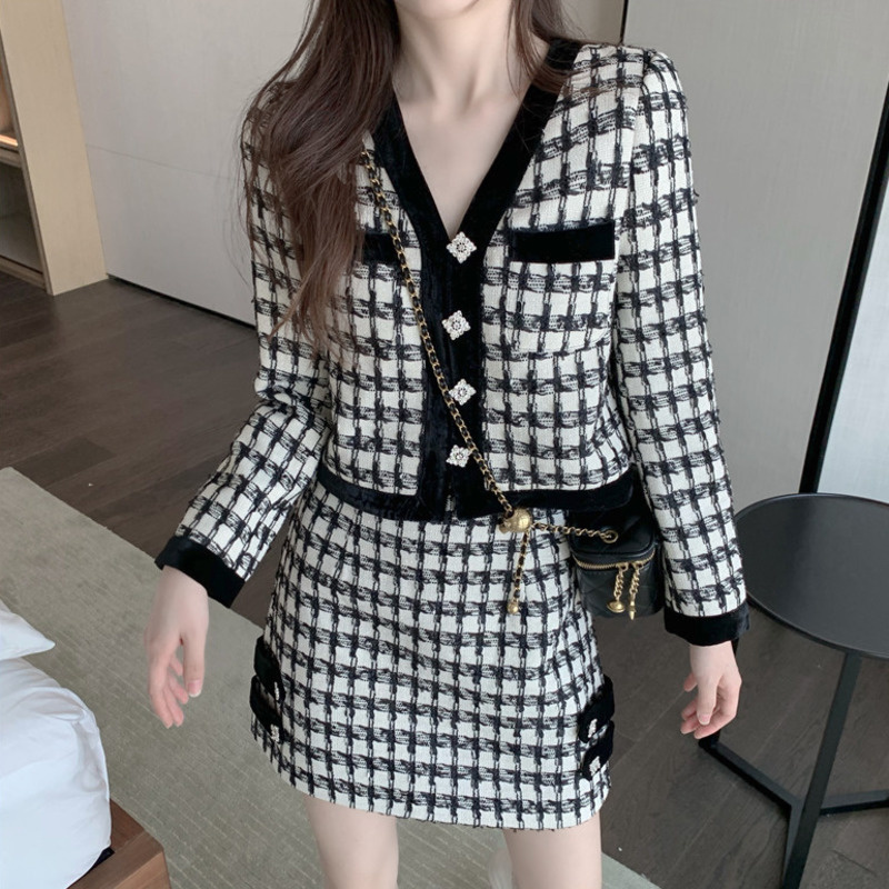 women Korean Plaid Knitting Two Piece Sets Sweater Cardigans Jacket High Waist A-line Bodycon Mini Skirts Outfits alx