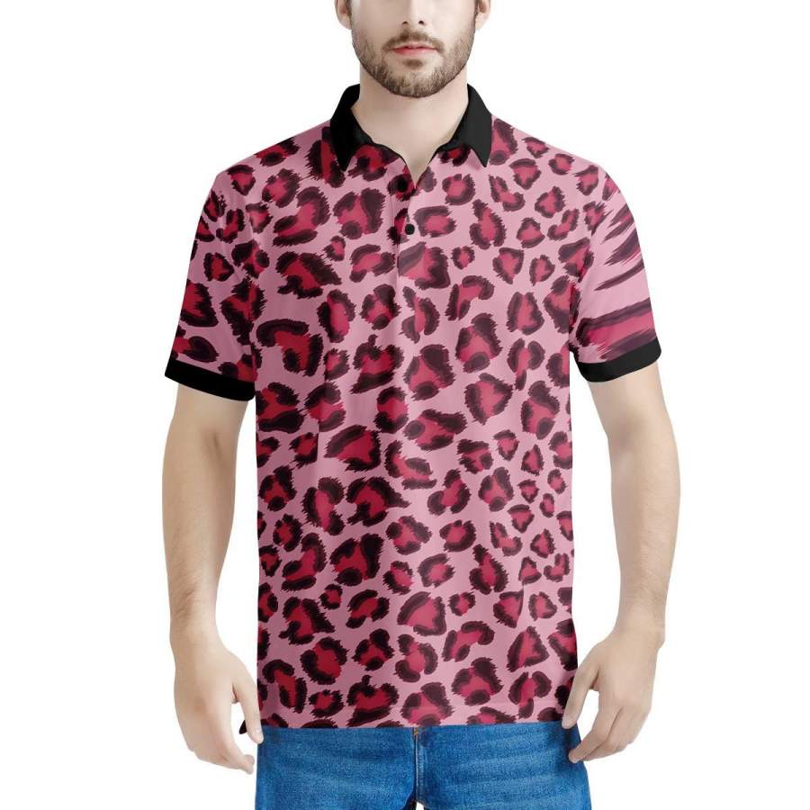 Pink Leopard Print Men’s Polo Shirts