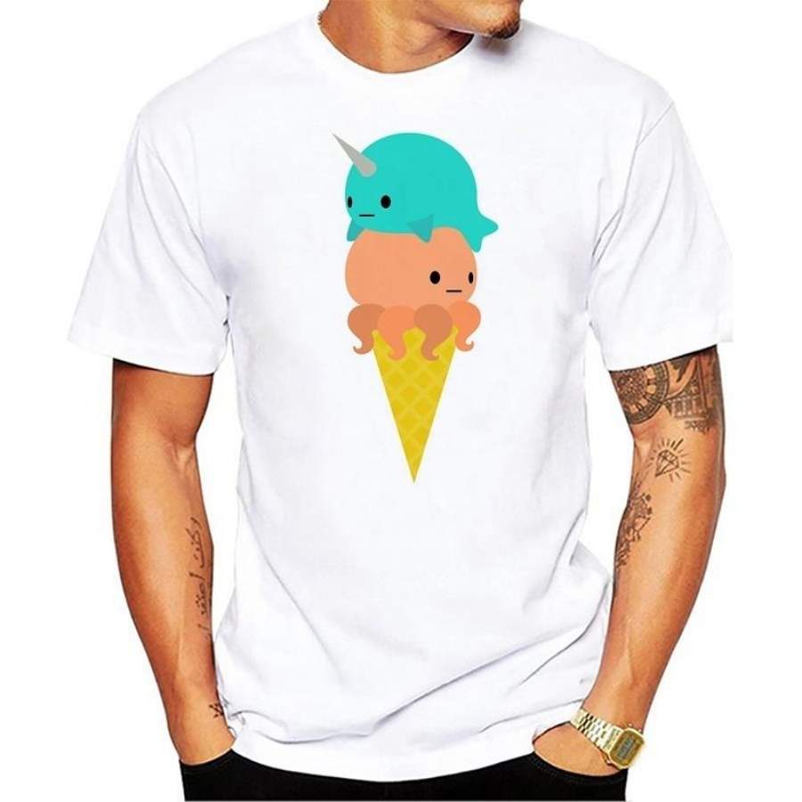 Men’s Casual Fashion T-shirt Fun Narwhal Octopus Ice Cream Print Men’s Round Collar Cotton White Top Short-Sleeve