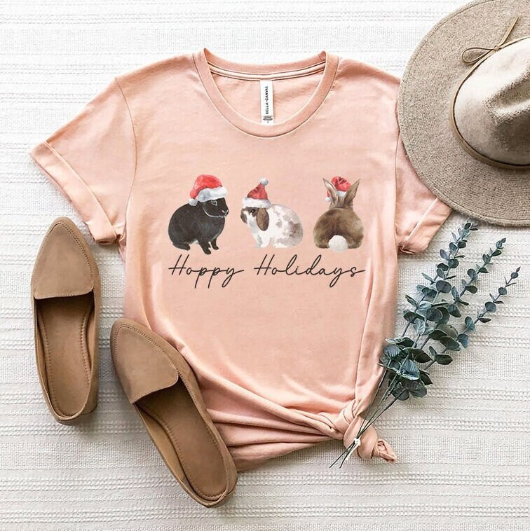 Hoppy Holidays Christmas Bunny Bunnies Shirt, Cute Rabbit Womens Xmas TShirt, Funny Holidays T-Shirt Tee, Christmas Gift for Bunny Mom Dad