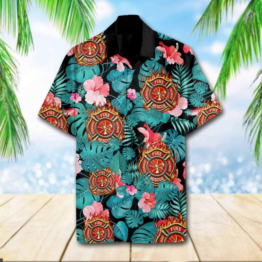 Firefighter Hibiscus Tropical Hawaii Aloha Shirts Ha93239