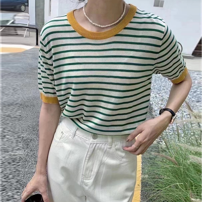 2021 New Arrival 20476 (3, 4 In 1) Not Make Web Celebrity Figure Round Collar Stripe Short Sleeve Turtleneck Sweater [2000] 26 alx