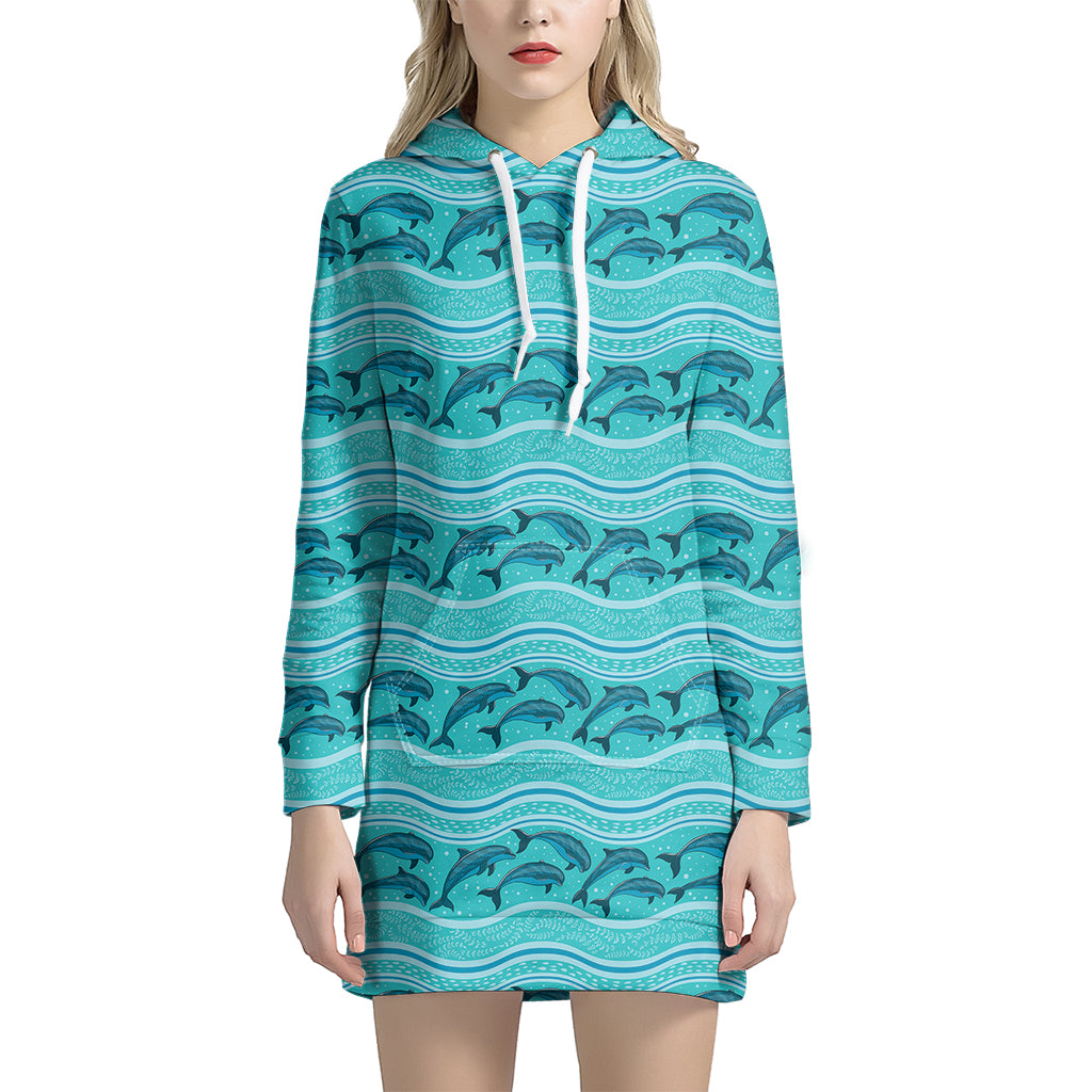 Boho Dolphin Pattern Print Women’S Pullover Hoodie Dress