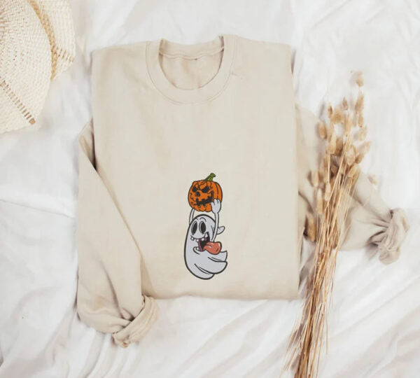 Ghost Pumpkin Halloween Embroidered Sweatshirt 2D Crewneck Sweatshirt All Over Print Sweatshirt For Women Sweatshirt For Men Sws3937