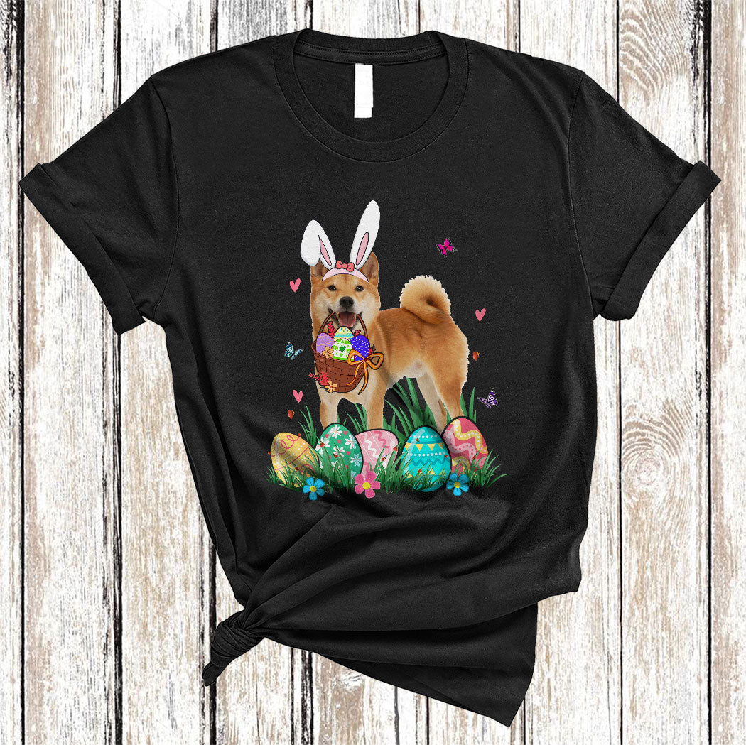 Bunny Shiba Inu With Easter Egg Basket Funny Easter Day Flower Egg Hunt Dog Lover Gifts T-Shirt