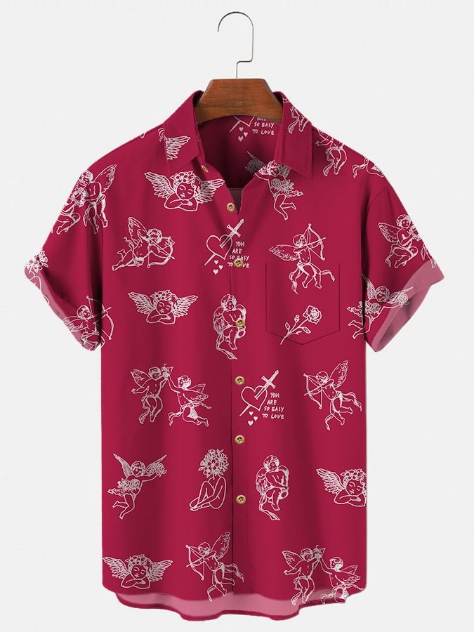 Mens Printed Vintage Cupid Couple Series Cotton-Blend Hawaii Shirts