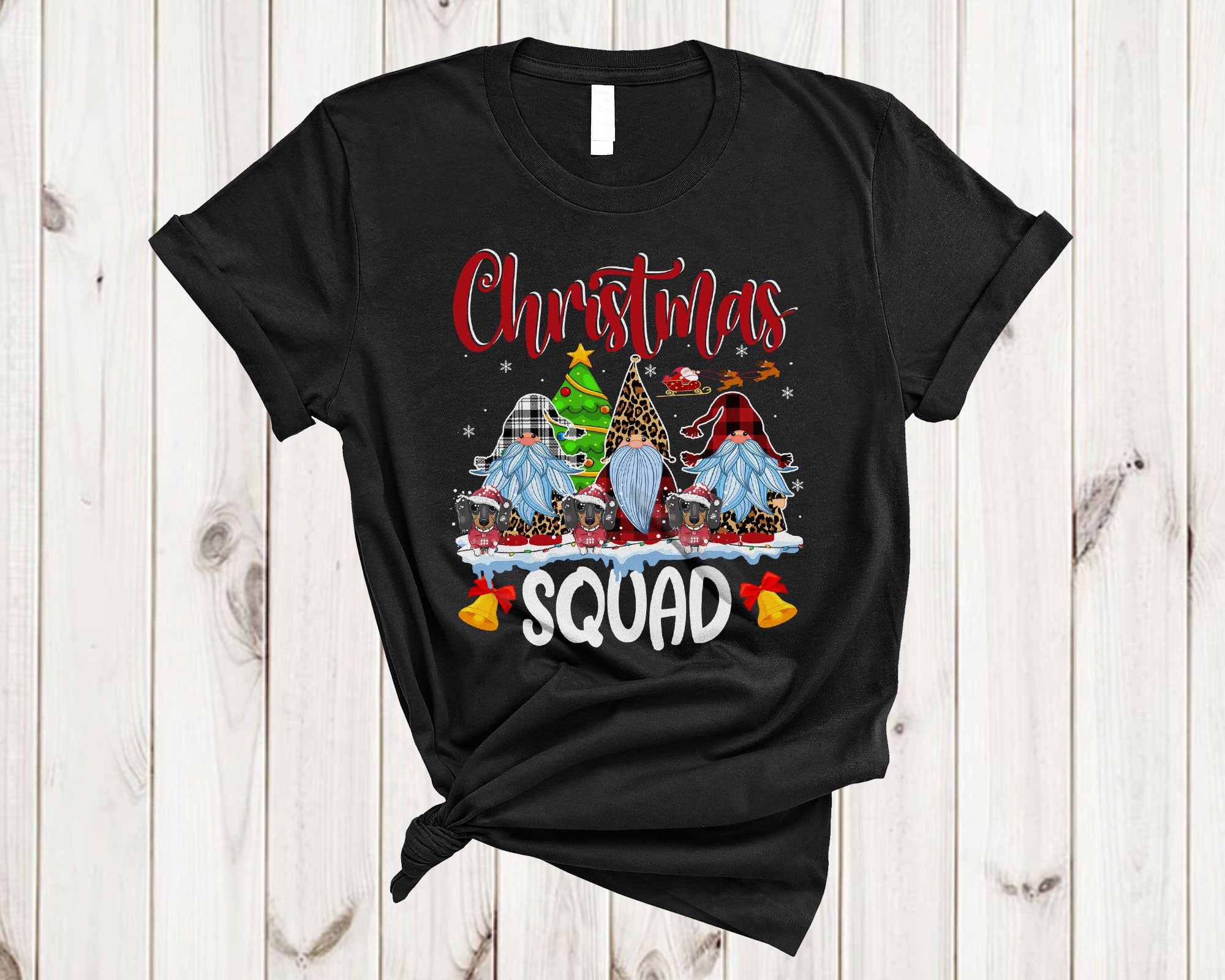 Christmas Dog Shirt Three Dachshund Squad Funny Gnomes Leopard White Red Plaid Matching Christmas Family Group Gifts T-Shirt