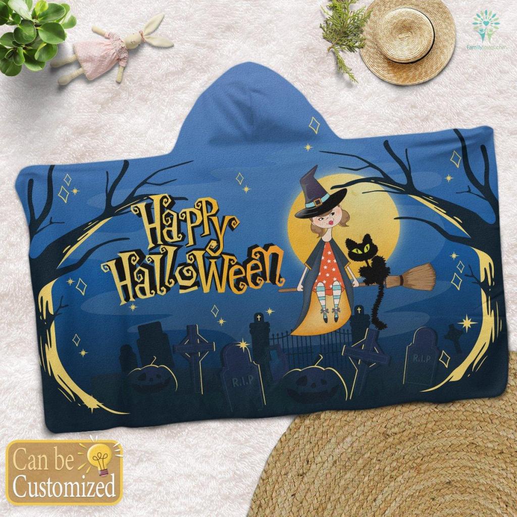 Happy Halloween Witch And Black Cat, Halloween Blanket, Halloween Custumes, Halloween Cat, Halloween Hooded Blanket