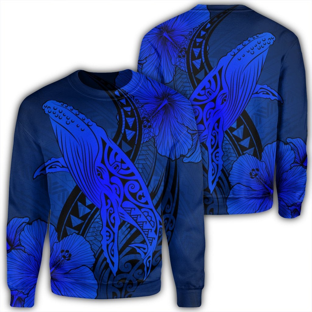 Hawaiian Map Whale Swim Hibiscus Polynesian Sweatshirt – Blue – Ah