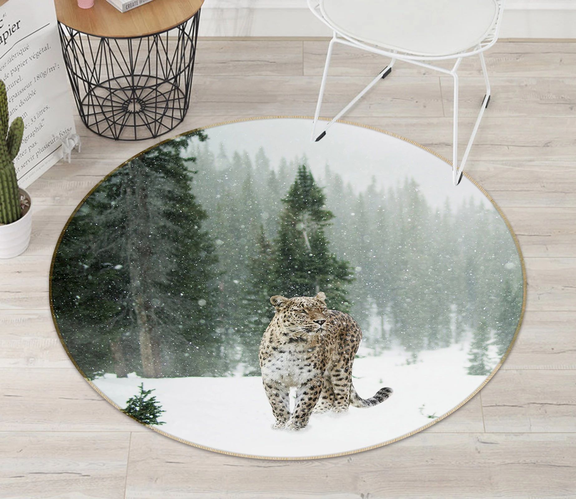 Snowfield Leopard Pine Trees Printed Round Rug – Round Carpet Home Decor