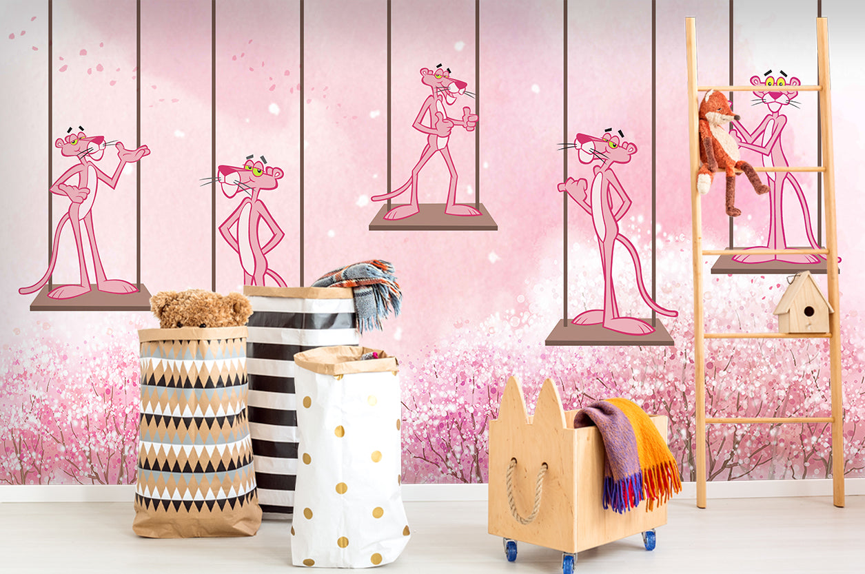 3D Cartoon Animal Swing Pink Leopard Wall Mural Wallpaper Lqh 35