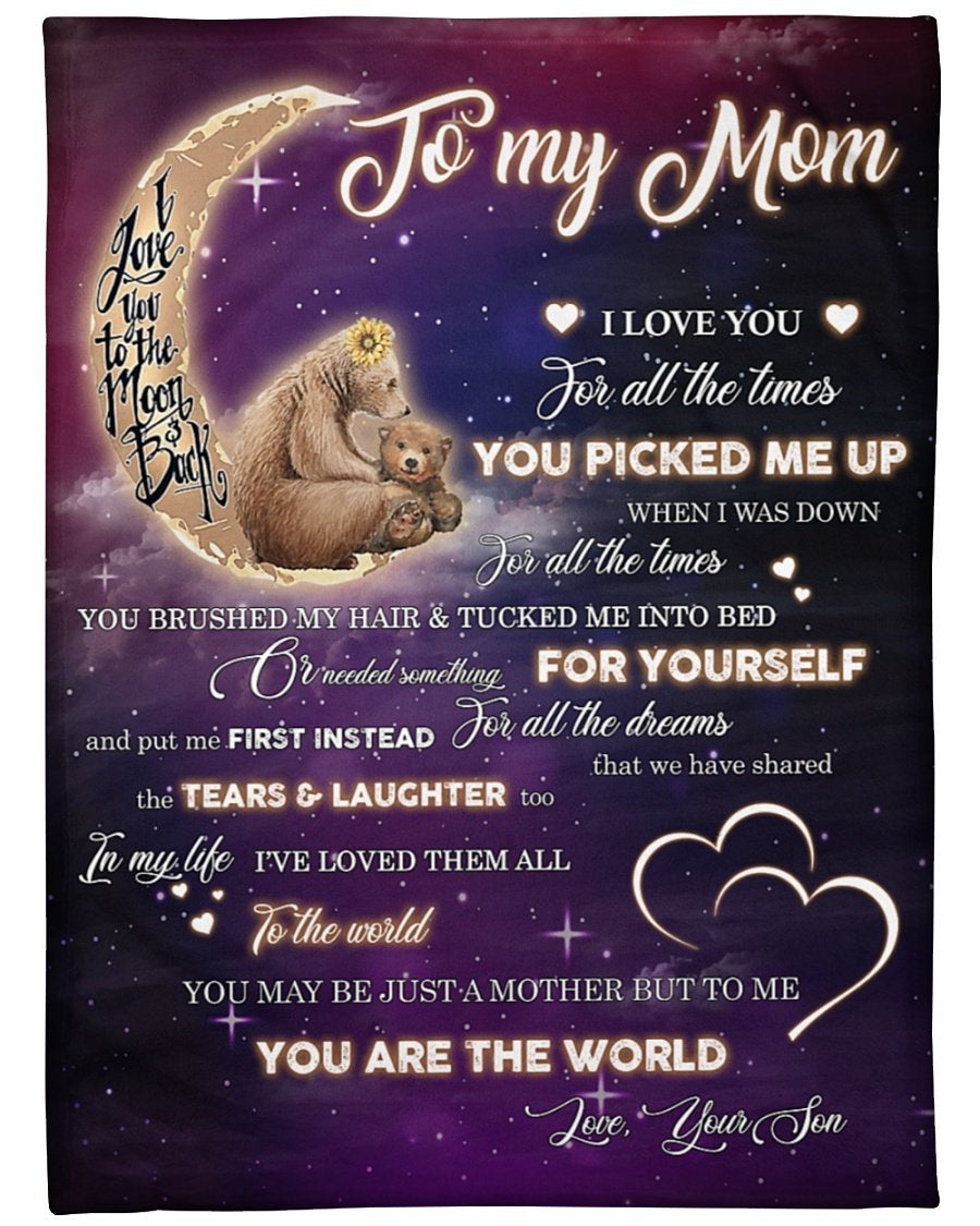 To My Mom From Son You Are The World Bear 02 Fleece Blanket , Mother’S Day Gift From Son To Mom, Meaningful Mother’S Day Gift, Home Decor Bedding Couch Sofa Soft And Comfy Cozy