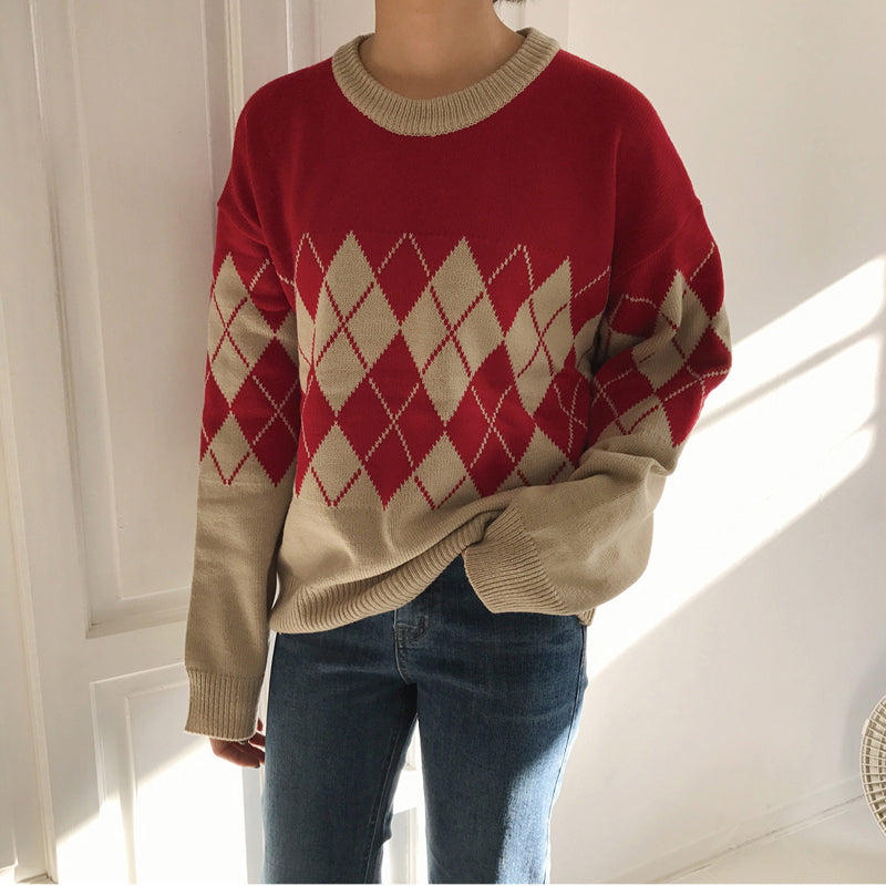 Vintage Diamond Pattern Knitted Sweater