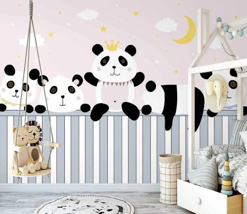 3D Cartoon Cloud Moon Star Panda Animal Background Wall Mural Wallpaper Lxl