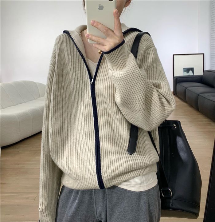 Autumn/winter matching color thick stand collar cashmere knit cardigan women’s loose zipper wool sweater coat age-reducing alx