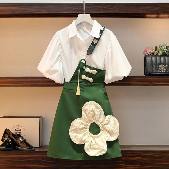 Big Flower Three-dimensional Decoration Irregular Slanted Shoulder Strap Skirt Puff Sleeve Shirt Two-piece Set Womens Outifits alx