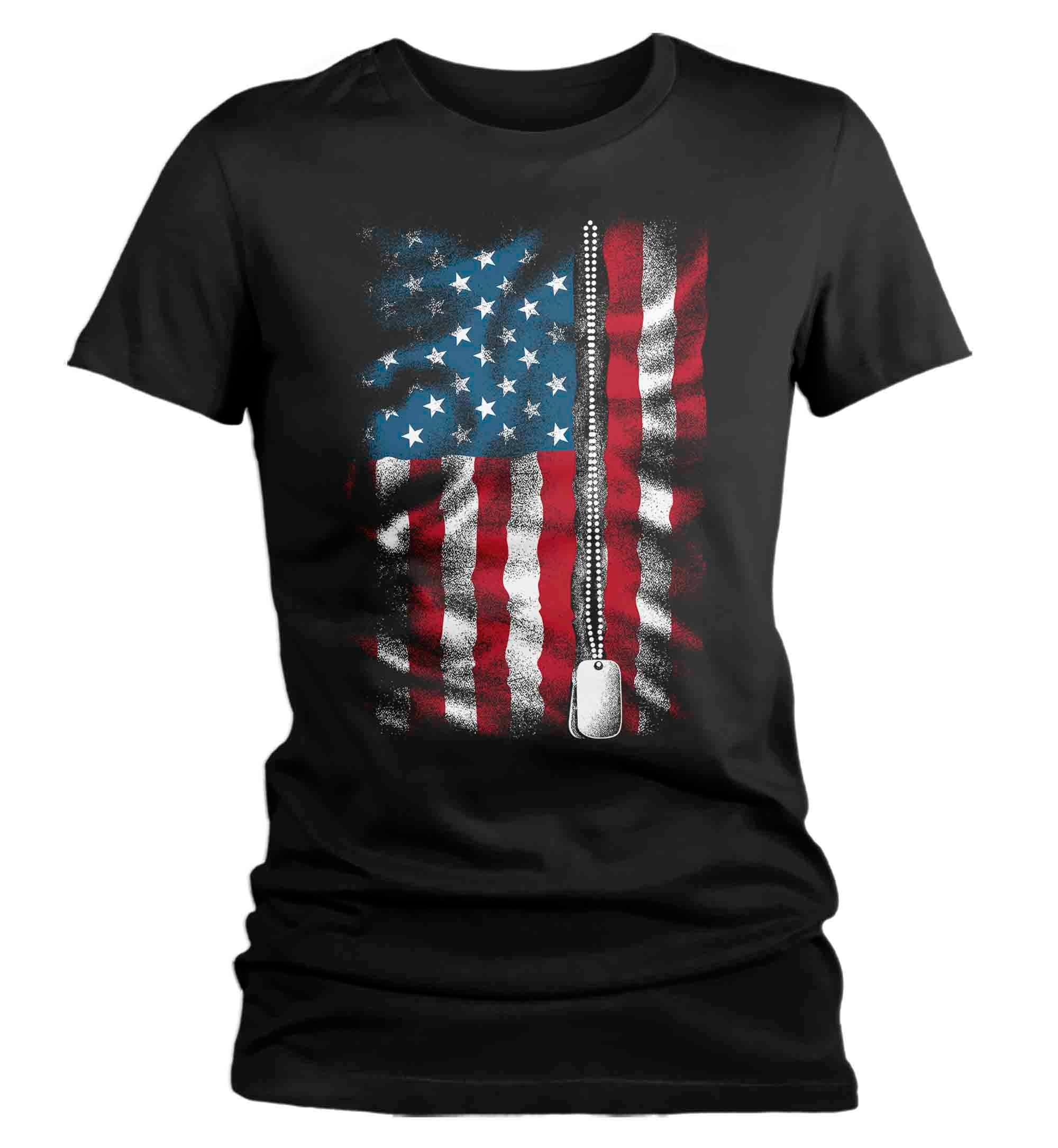 Women’S Memorial Day T-Shirt American Flag Veteran Shirt Patriotic Honor Veterans Dog Tags Military United States Ladies V-Neck Shirt Tee