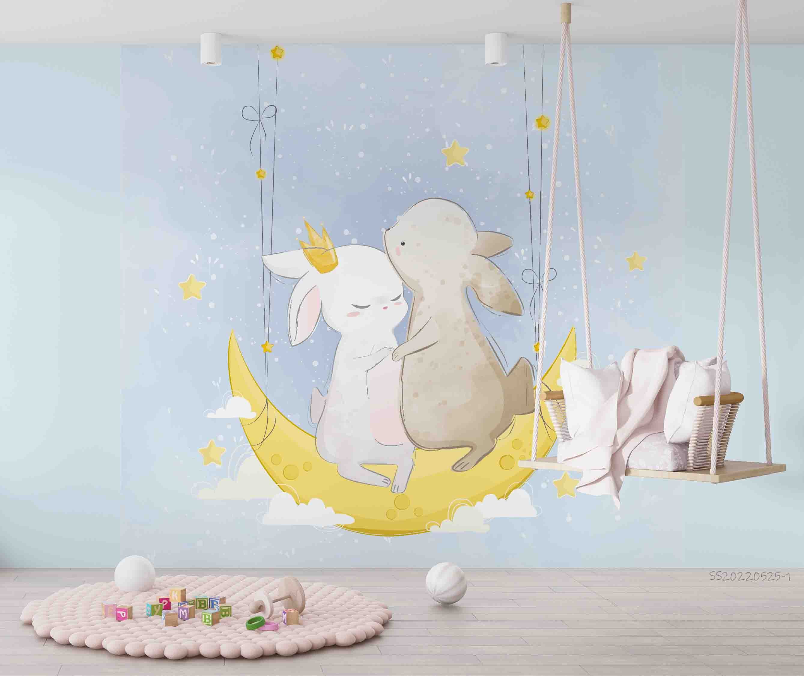 3D Watercolor Moon Rabbit Star Wall Mural Wallpaper Gd 4810