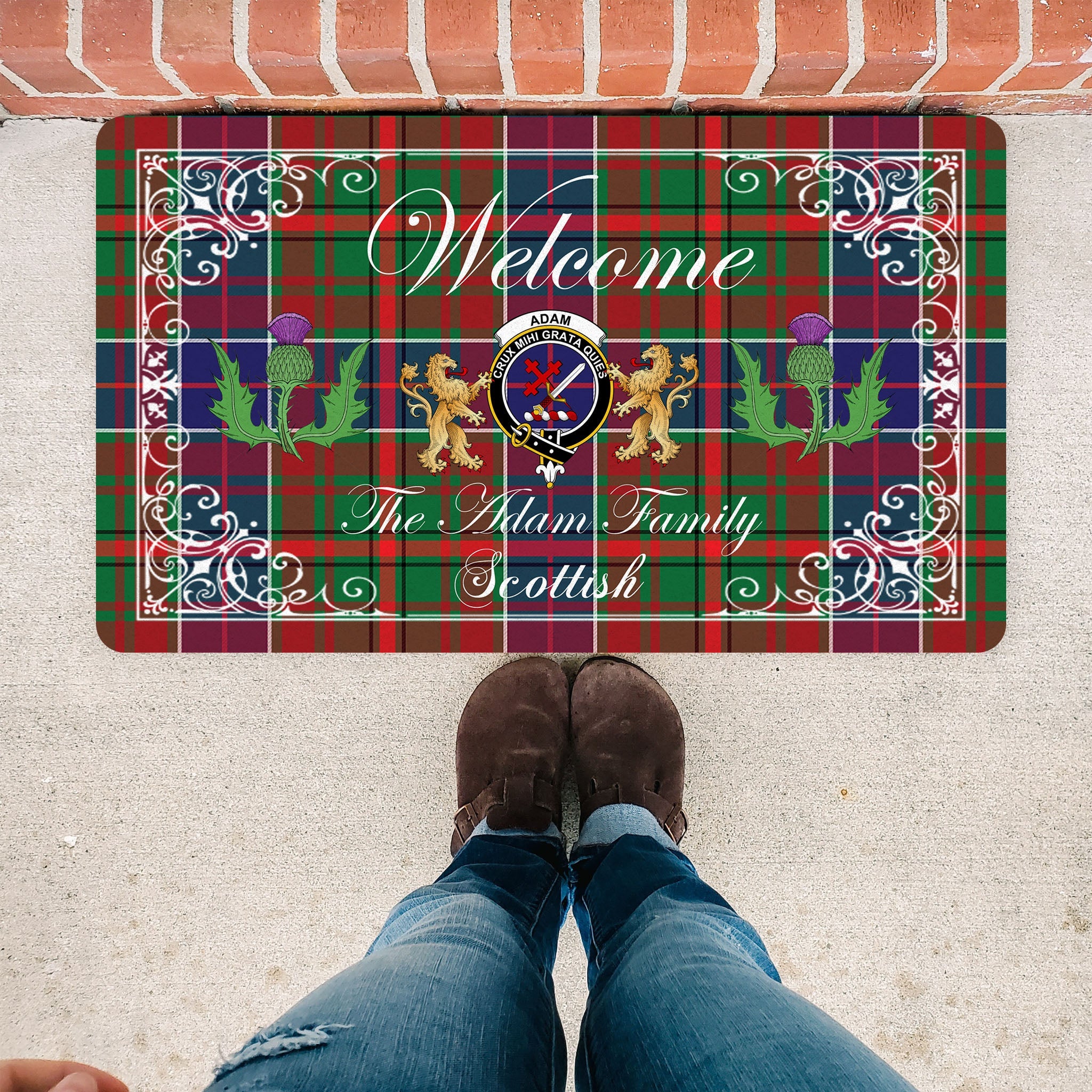 Scotstee Shop Tartan Door Mats Clan Adam Ancient Badge Tartan Thistle And Two Lion Scottish Plaid Doormat, Christmas Door Mat Gift