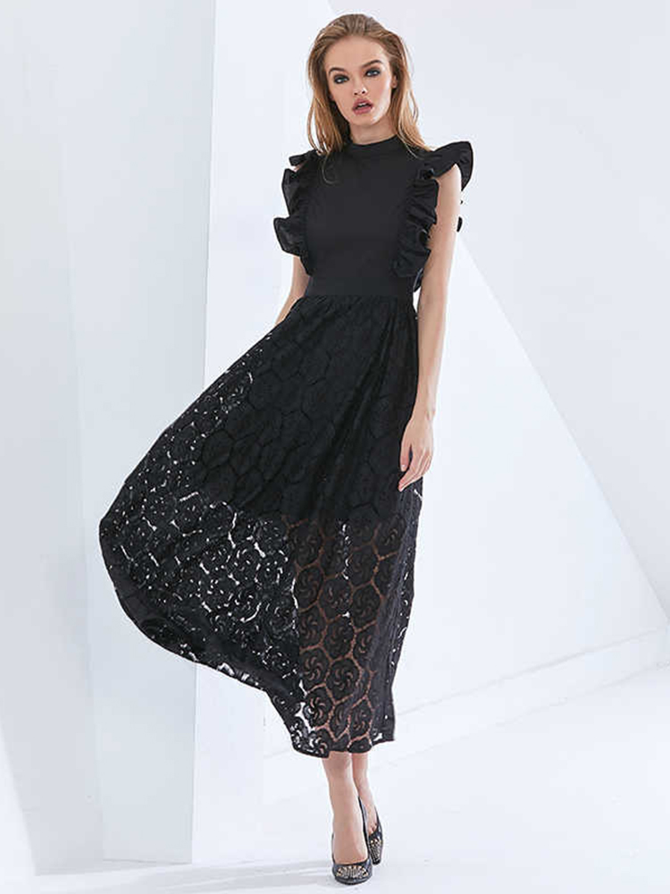 TWOTWINSTYLE Embroidered Ruffle Trim Dress For Women Stand Collar Sleeveless High Waist Black Dresses Female Fashion New 2022 alx