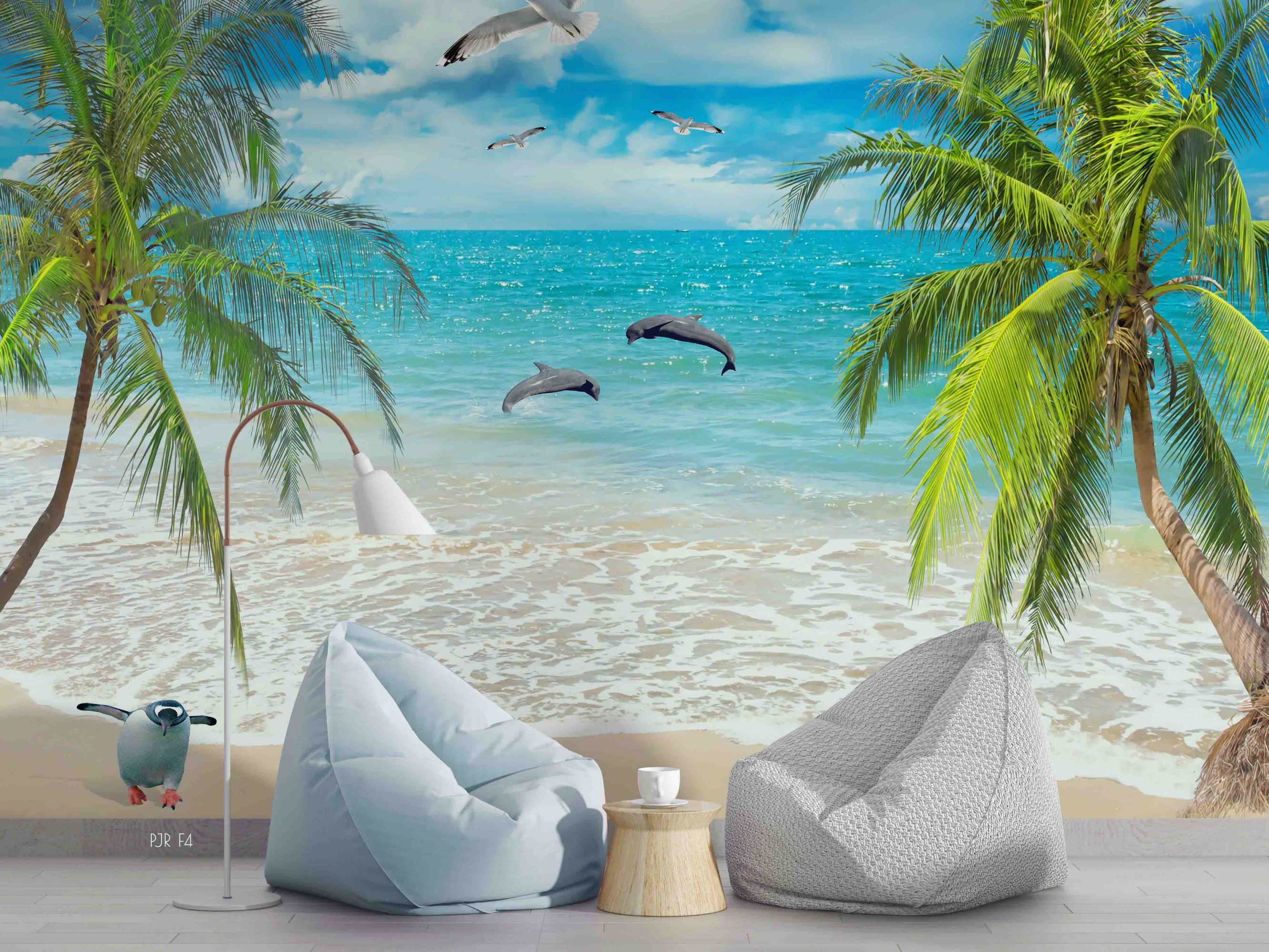 3D Natural Landscape Blue Sky And White Clouds Sea Coconut Tree Dolphin Penguin Seagull Wall Mural Wallpaper Gd 1839