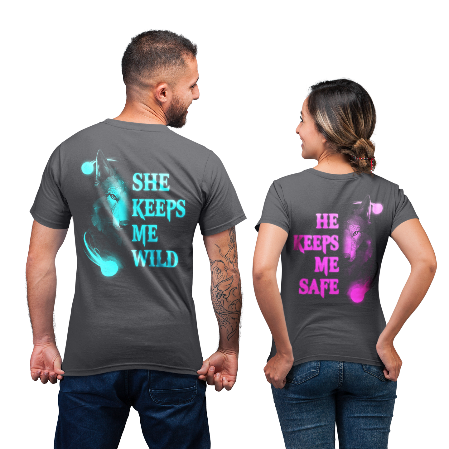 Wolf Couple She Keeps Me Wild Matching He Keeps Me Safe Gift T- Shirt
