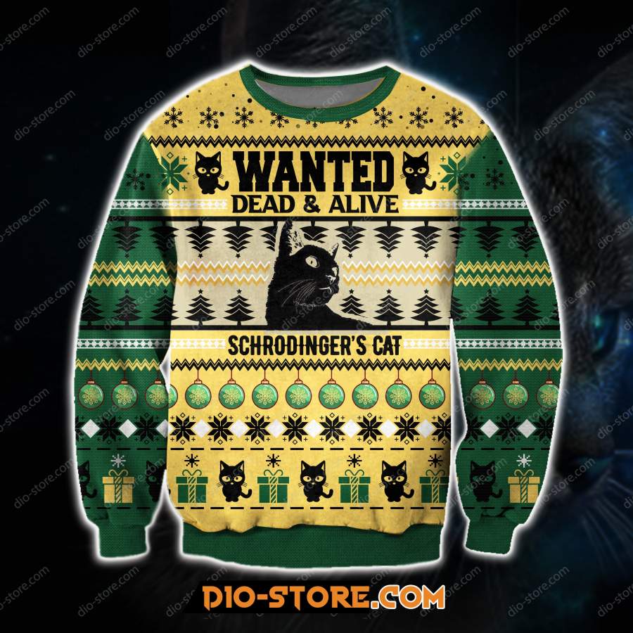 3D ALL OVER PRINT KNITTING PATTERN WANTED DEAD & ALIVE SCHRODINGER’S CAT UGLY CHRISTMAS SWEATER