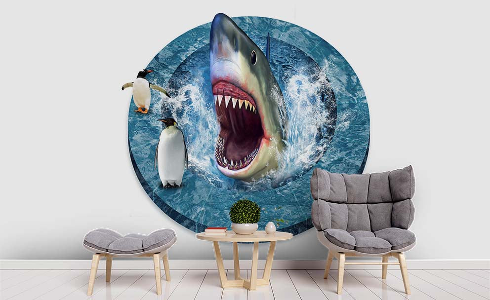 3D Animal Penguin Shark Wall Mural Wallpaper Lqh 209